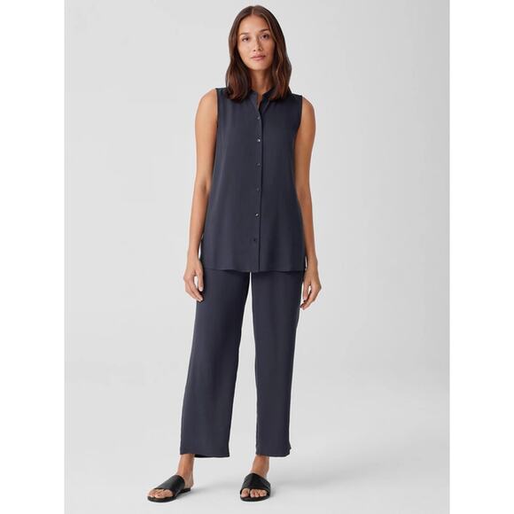 EILEEN FISHER Silk Georgette Crepe Straight Pant Navy Blue Sz L NWT $248 {OO33} - Picture 2 of 3